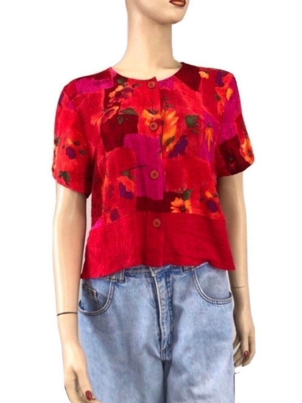 Vintage Sarah b Red Floral Short-Sleeve Button Front Blouse